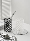 Taooba-320ML White Black Checkerboard Plaid Drinkware Glass Water Cup Glass Heat-resistant Glass Mug Wine Coffee Cup Denim Cup