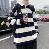 90s fashion men Spring and Autumn New Versatile Casual Hong Kong Style Striped Loose Sweater Korean Style Trendy Lapel Polo Shirt Bottoming Shirt