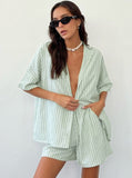 Taooba- Two Piece Loose White Stripes Short Sleeves Set