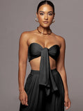 Taooba- Black Lace-Up Tube Top and Mid Waist Wide Leg Pants