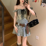 cybergoth dress to impress Hot Girl Sling Denim Dress Women's Summer New Ins Retro off-Shoulder Sweet Pleated Skirt Waist-Tight Skirt