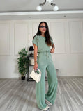 Taooba- Casual Round Neck Short Sleeve Top High Waist Wide Leg Pants Set