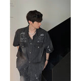 Taooba- 9540 SMOKE GRAY DISTRESSED DENIM SHORT SLEEVE