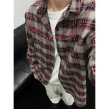 harajuku  American-Style Embroidered Plaid Shirt Long-Sleeved Men's Pu Handsome High-Grade Plaid Shirt Cleanfit Coat Top