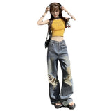 90s streetwear American High Street Ripped Loose Wide-Leg Jeans Women's 2024 Autumn High Waist Slimming Straight Mop Pants