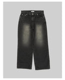 Taooba- 11048 WASHED BLACK WIDE STRAIGHT DENIM JEANS