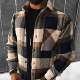 mens clothing styles New Spring and Autumn New Long-Sleeved Blue and White Plaid Long-Sleeved Shirt Casual Stand Collar Pocket Shirt for Men