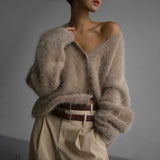 knitted Faux Mink Fur V-neck Knitted Cardigan for Women Autumn and Winter New Lazy Loose Long Sleeve Outer Sweater Coat