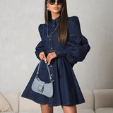 business casual outfits 2024 New Denim Shirt Dress Niche Lantern Sleeve Lace-up Temperament Fashion Dress