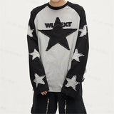 90s streetwear Women's Men's and Women's Star Patch Embroidered Long-Sleeved Men's T-shirt Top Letters Trendy Spring and Summer