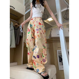 90s fashion American Graffiti Floral Print Casual Overalls Summer New Advanced Design High Waist Loose Mopping Trousers