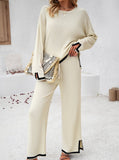 Taooba- White Knitted Long-Sleeve Shirt and Small Slit Long Pants Suit