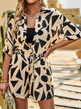 Taooba- Two Piece Geometric Printed Black and Brown Shorts Set