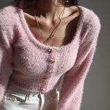 Taooba Aria Rose Button Fuzzy Crop Cardigan