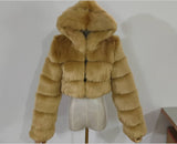 going out winter outfits Fur Coat Short Hooded Faux Fur Coat Faux Fox Fur Long Sleeve Stitching Women's Coat