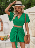 Taooba- Elegant Short Sleeve Crop Top Front Tie Shorts