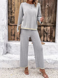 Taooba- Two Piece  Long Sleeve Round Neck Top Pants Set