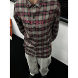 harajuku  American-Style Embroidered Plaid Shirt Long-Sleeved Men's Pu Handsome High-Grade Plaid Shirt Cleanfit Coat Top