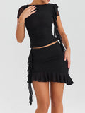 Taooba- Black Two Piece High-Grade Ruffled Tassel Skirt Suit