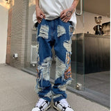 casual outfits American High Street Ripped Heavy-Duty Embroidered Jeans Men's and Women's Street Retro Fried Street Versatile Trendy Men's Straight Pants