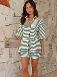 Taooba- Green Striped Half Sleeve Tops and Shorts Set