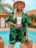 Taooba- Tropical Print Short Sleeve Cardigan Drawstring Short Two Piece