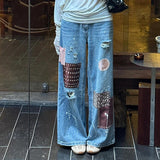 casual outfits Retro Niche Splash-Paint Cloth Patch Jeans for Women Spring and Autumn New Hot Girl Washed Ripped Mop Pants