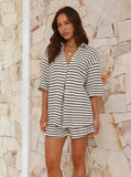 Taooba- White Striped Half Sleeve Tops and Shorts Set