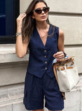 Taooba- Navy Blue Two Piece Blazer Vest Pocket Shorts Set