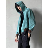  jacket outfit Hip Hop High Street Lake Green Canvas Washed Boxy Short Hooded Jacket Men's Autumn Loose Jacket