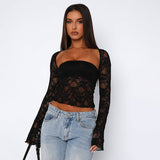 Taooba frat outfits Women's Autumn New Pure Color Sexy Tube Top Lace Hollow out Two-Piece Top