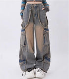 y2k Jeans Women's Autumn Dopamine Wear Retro Distressed Large Pocket Design Straight Trousers