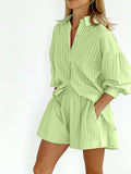 Taooba- Two Piece Solid Color Stripes Long Sleeve Loose Shorts Suit