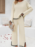 Taooba- White Knitted Long-Sleeve Shirt and Small Slit Long Pants Suit