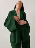 Taooba- Green Crepe Long-Sleeves Loose Trouser Two-Piece Suit