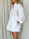 Taooba- Two Piece Solid Color Stripes Long Sleeve Loose Shorts Suit