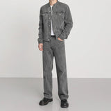 Taooba- 5571 GRAY MANDARIN COLLAR DENIM JK & WIDE STRAIGHT JEANS