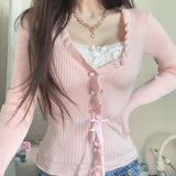 Taooba y2k Gentle Sweet Style Lace Stitching Lace Bow Tie Square Collar Top Pink Girl All-Match Lace Long Sleeve