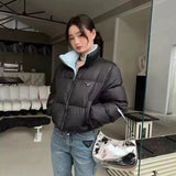 Stand Collar Two-Color Short down Jacket Triangle Logo Contrast Color Warm Bread Coat down Jacket