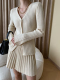 Taooba- Khaki Two Piece Knitted Pleated Cardigan and Skirt Set