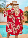 Taooba- Tropical Print Short Sleeve Cardigan Drawstring Short Two Piece