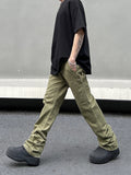 guys fits American Vibe Style Army Green Logging Overalls Ins Straight Micro Flared Trousers Cleanfit Pants