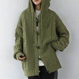 dandy hoodie Retro Green Horn Buckle Twist Sweater Coat for Women Spring and Autumn Loose Lazy Hooded Knitted Cardigan Thickened Upper