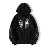 Taooba 90s streetwear Autumn and Winter Fleece-lined Thickened Spider Web Love Printed Zipper Fleece-lined Warm Hooded Cardigan Jacket