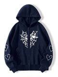 90s streetwear Autumn and Winter Fleece-lined Thickened Spider Web Love Printed Zipper Fleece-lined Warm Hooded Cardigan Jacket