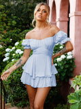 Taooba- Sexy Blue Off Shoulder Tie Waist Top and Short Set