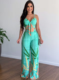 Taooba- Sexy Casual Printed V Neck Crop Top & High Waist Wide Leg Pants Set