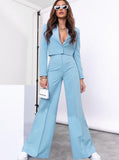 Taooba- Blue Long Sleeve Collared Top and Loose Pants Set