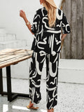 Taooba- Casual Black Overall Printed Loose Button Down Shirt and Pants Set