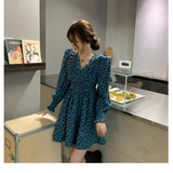 church outfit  Chubby Girl plus Size French Elegant Waist Slimming V-neck Long Sleeve Floral Dress Autumn New Skirt Cover Belly